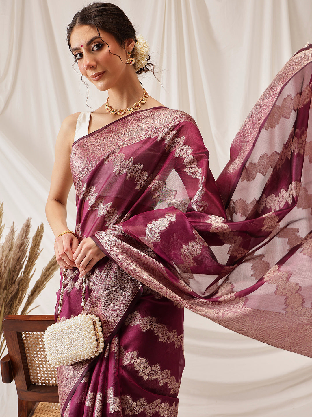 Hiral Fashion Purple Banarasi Organza Silk Lahariya Woven Design Saree | Swadesiicart