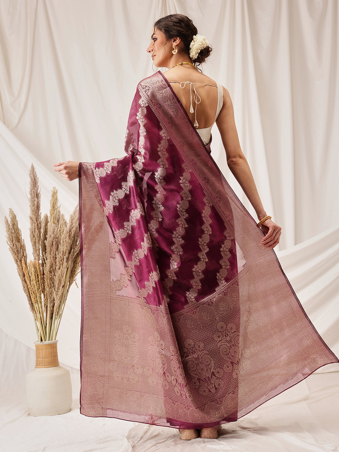 Hiral Fashion Purple Banarasi Organza Silk Lahariya Woven Design Saree | Swadesiicart