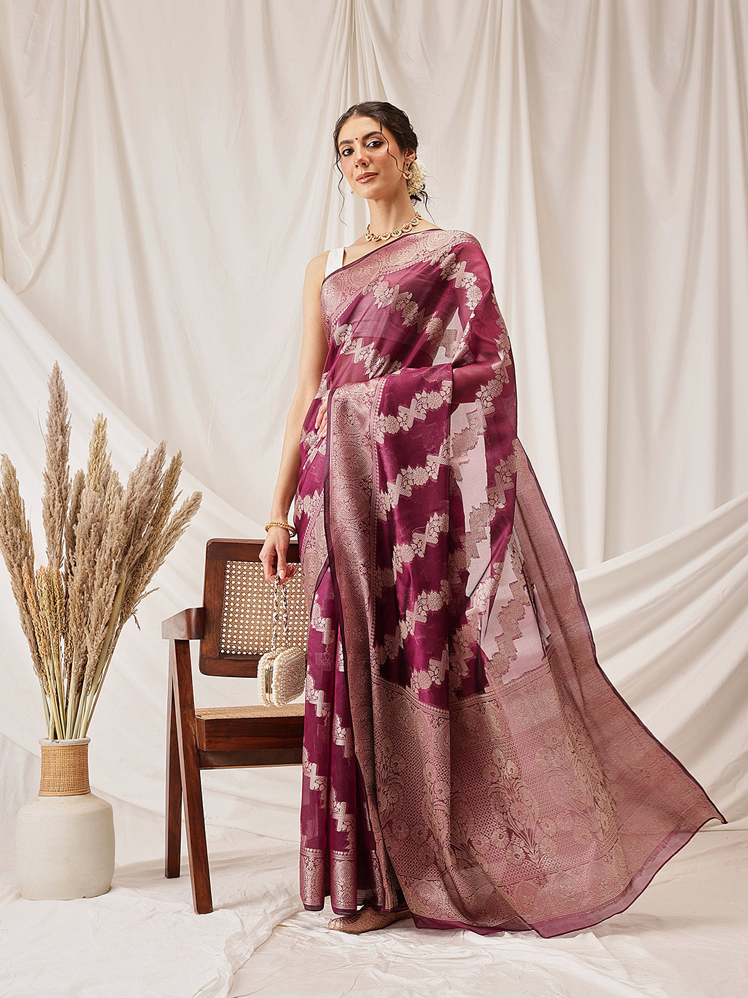Hiral Fashion Purple Banarasi Organza Silk Lahariya Woven Design Saree | Swadesiicart
