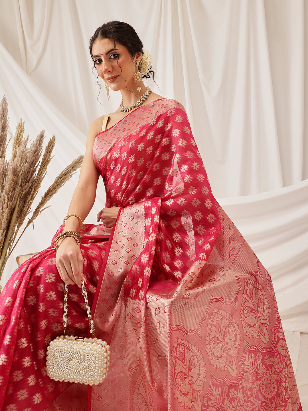 Hiral Fashion Pink Banarasi Organza Silk Floral Woven Design Saree | Swadesiicart
