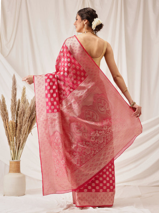 Hiral Fashion Pink Banarasi Organza Silk Floral Woven Design Saree | Swadesiicart