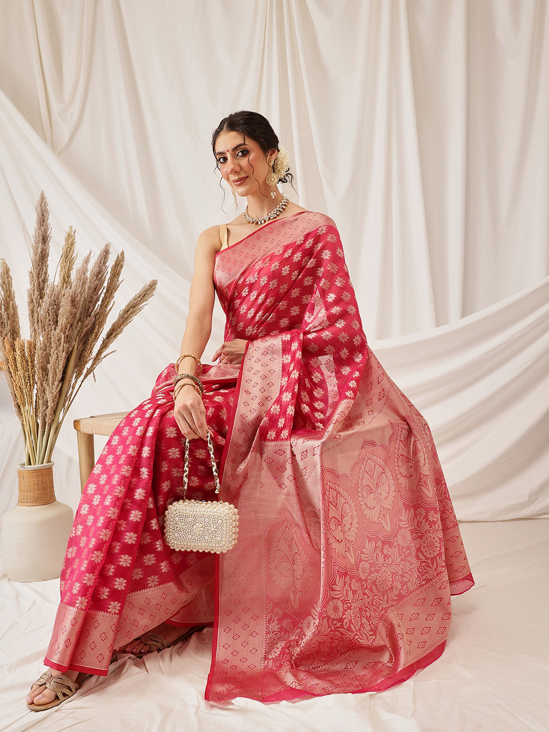 Hiral Fashion Pink Banarasi Organza Silk Floral Woven Design Saree | Swadesiicart