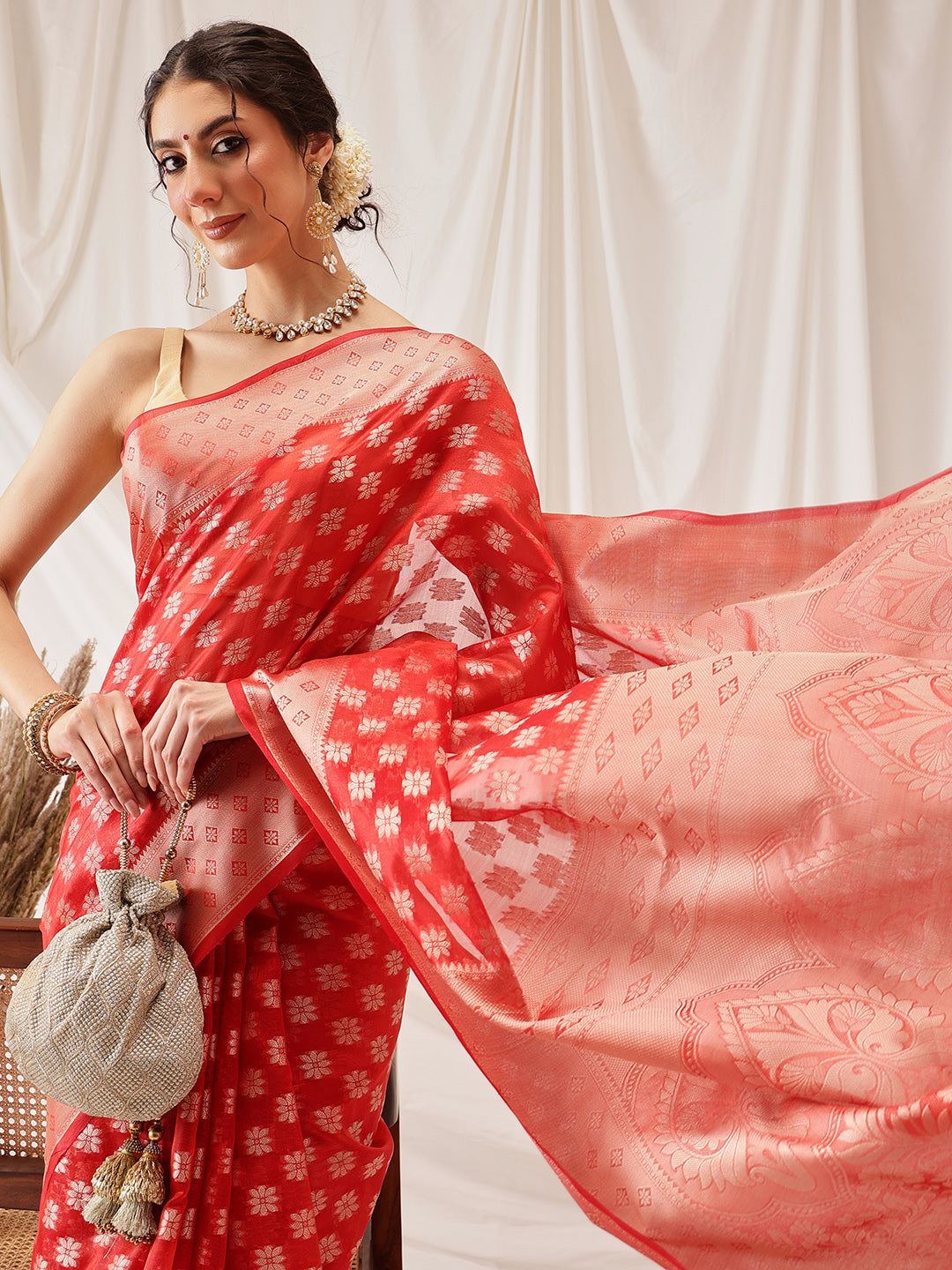 Hiral Fashion Red Banarasi Organza Silk Floral Woven Design Saree | Swadesiicart