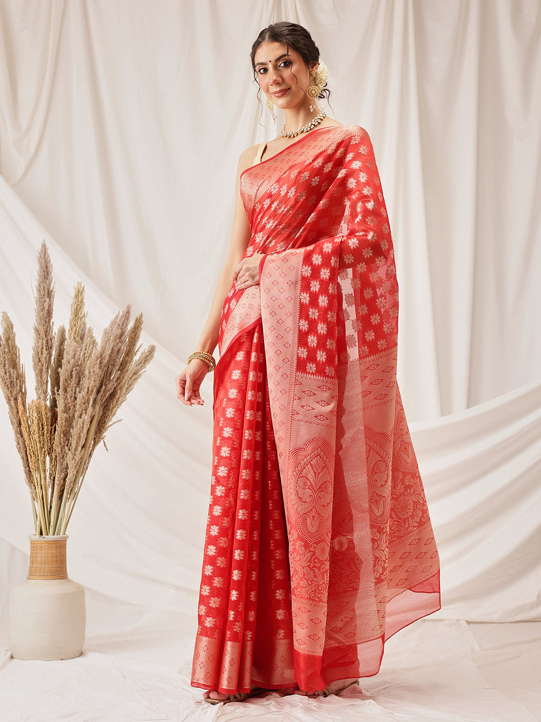 Hiral Fashion Red Banarasi Organza Silk Floral Woven Design Saree | Swadesiicart