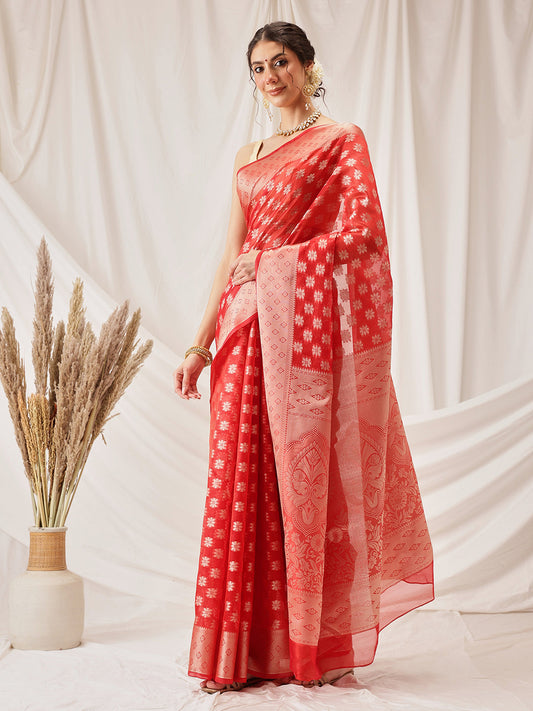 Hiral Fashion Red Banarasi Organza Silk Floral Woven Design Saree | Swadesiicart