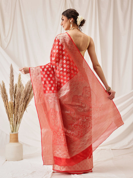 Hiral Fashion Red Banarasi Organza Silk Floral Woven Design Saree | Swadesiicart