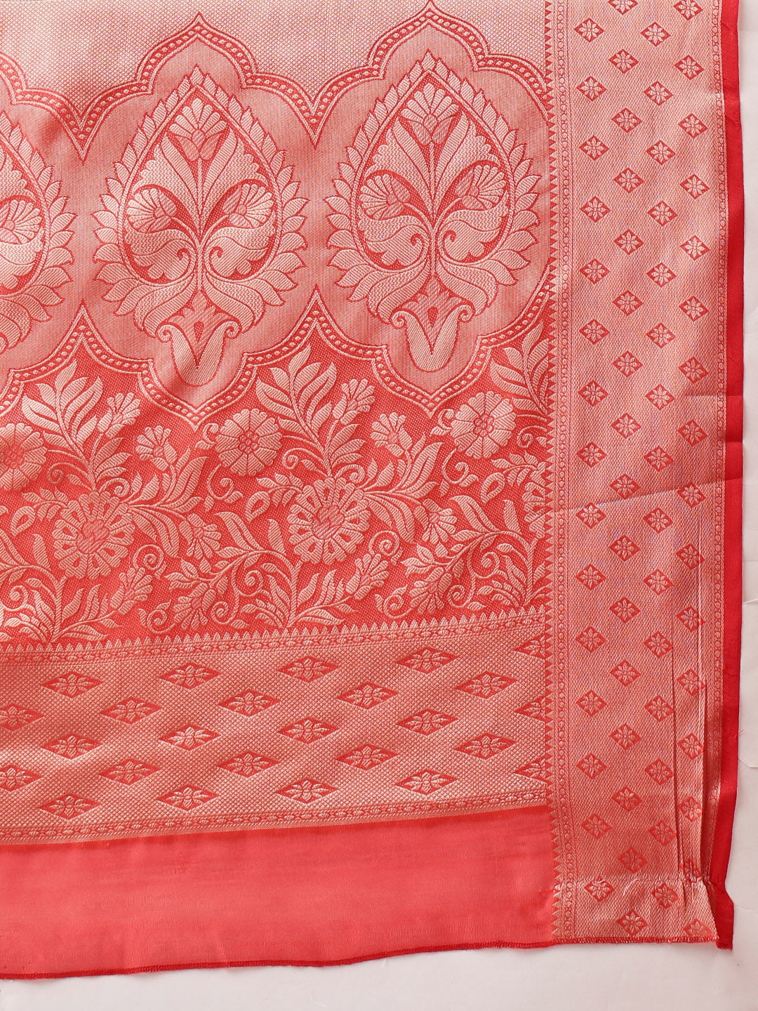 Hiral Fashion Red Banarasi Organza Silk Floral Woven Design Saree | Swadesiicart
