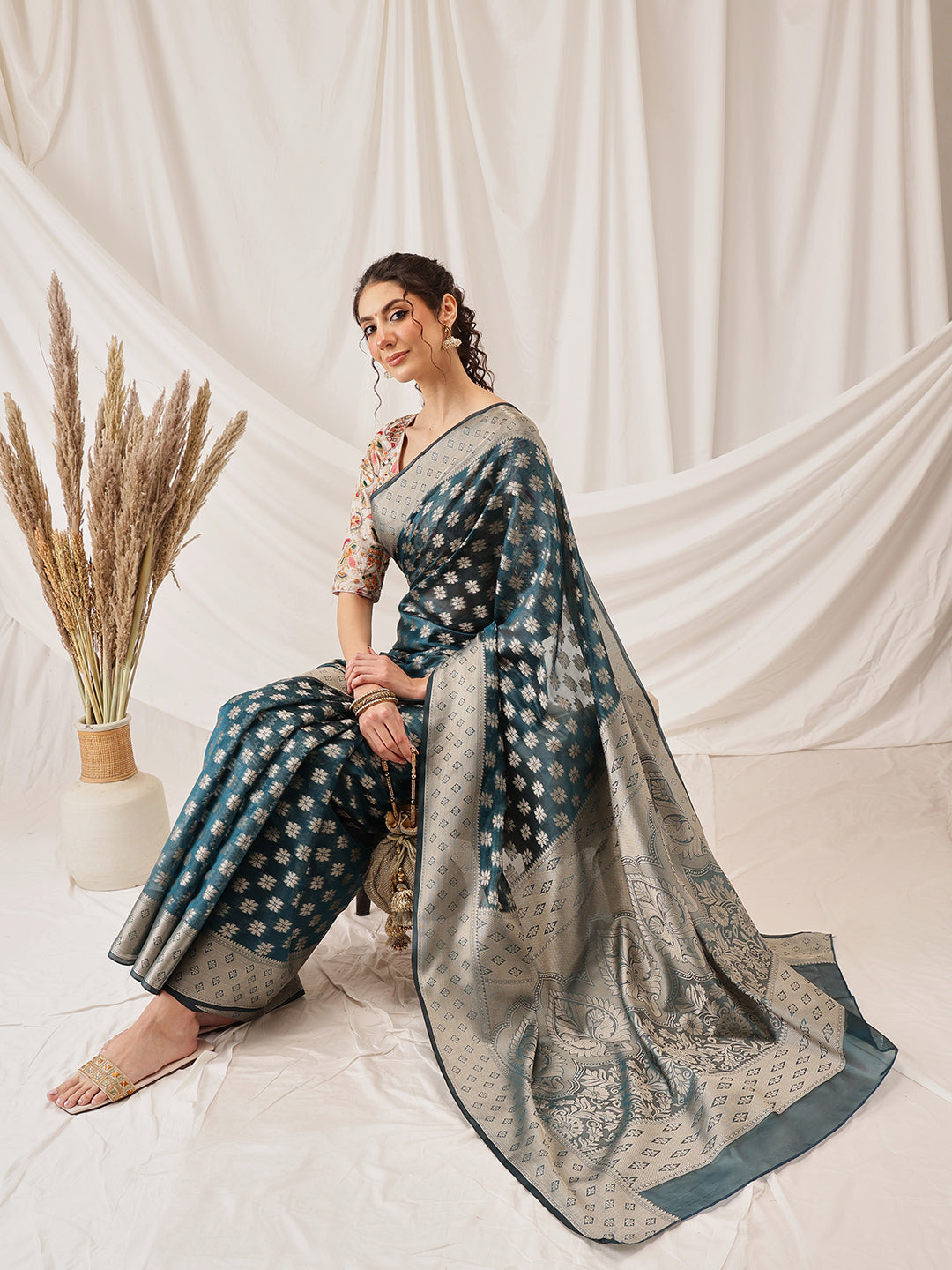 Hiral Fashion Teal Banarasi Organza Silk Floral Woven Design Saree | Swadesiicart