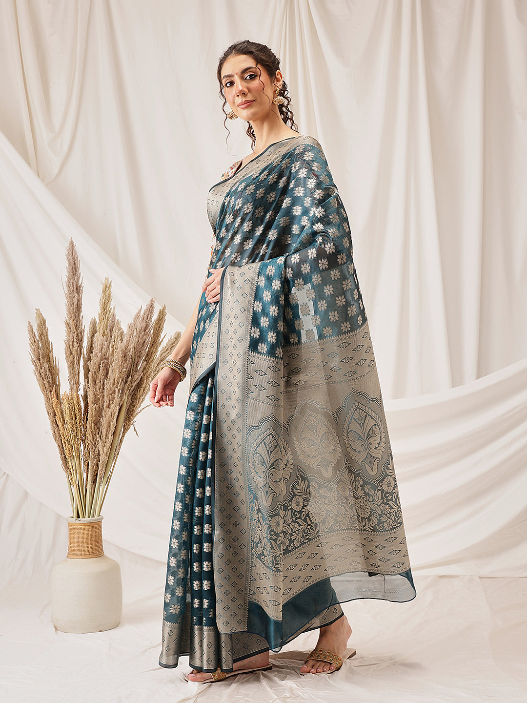 Hiral Fashion Teal Banarasi Organza Silk Floral Woven Design Saree | Swadesiicart