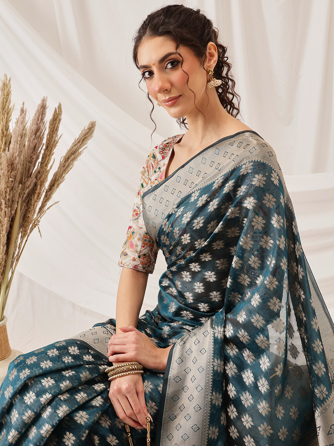 Hiral Fashion Teal Banarasi Organza Silk Floral Woven Design Saree | Swadesiicart