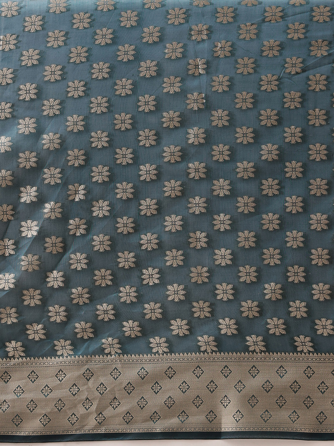 Hiral Fashion Teal Banarasi Organza Silk Floral Woven Design Saree | Swadesiicart