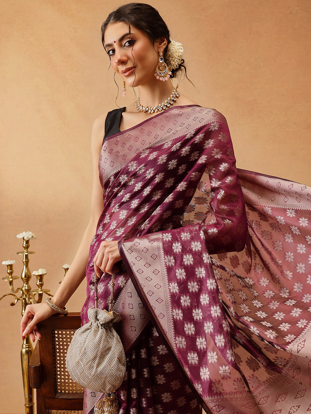 Hiral Fashion Purple Banarasi Organza Silk Floral Woven Design Saree | Swadesiicart