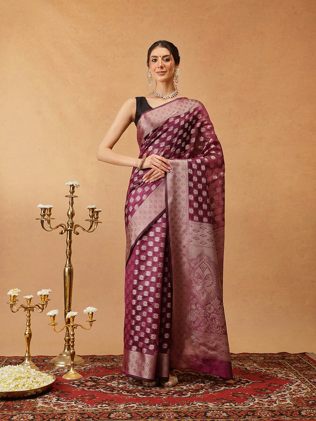 Hiral Fashion Purple Banarasi Organza Silk Floral Woven Design Saree | Swadesiicart
