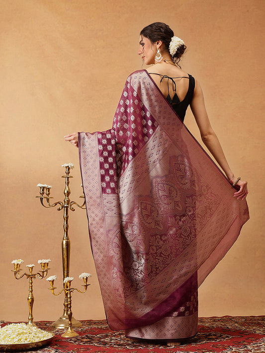 Hiral Fashion Purple Banarasi Organza Silk Floral Woven Design Saree | Swadesiicart