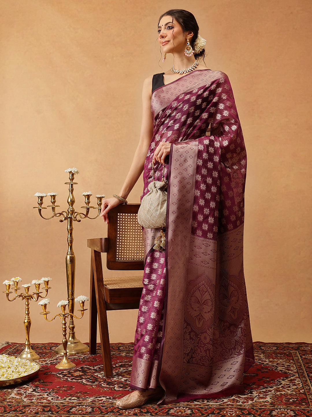 Hiral Fashion Purple Banarasi Organza Silk Floral Woven Design Saree | Swadesiicart