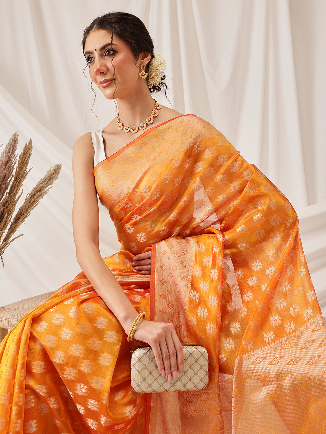 Hiral Fashion Yellow Banarasi Organza Silk Floral Woven Design Saree | Swadesiicart