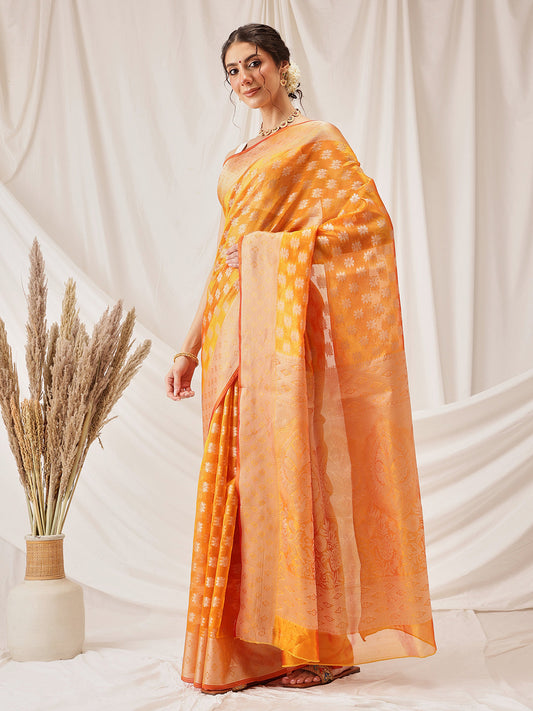 Hiral Fashion Yellow Banarasi Organza Silk Floral Woven Design Saree | Swadesiicart
