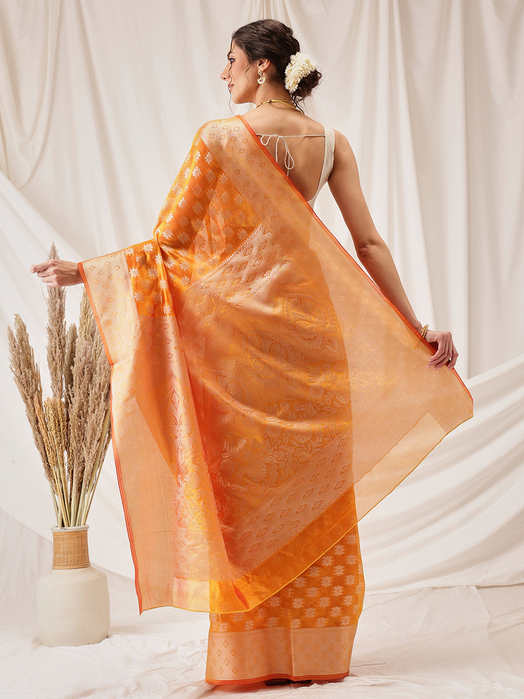 Hiral Fashion Yellow Banarasi Organza Silk Floral Woven Design Saree | Swadesiicart