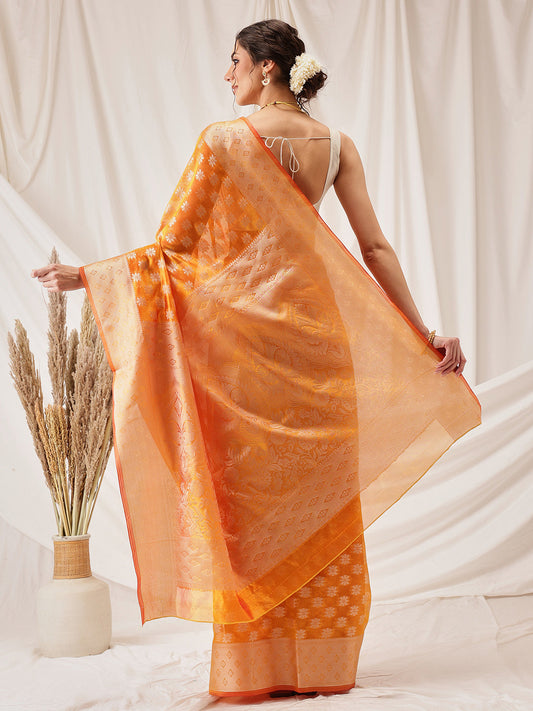 Hiral Fashion Yellow Banarasi Organza Silk Floral Woven Design Saree | Swadesiicart