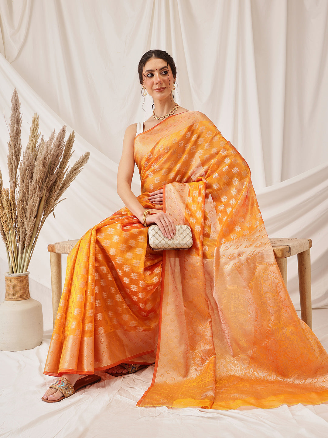 Hiral Fashion Yellow Banarasi Organza Silk Floral Woven Design Saree | Swadesiicart