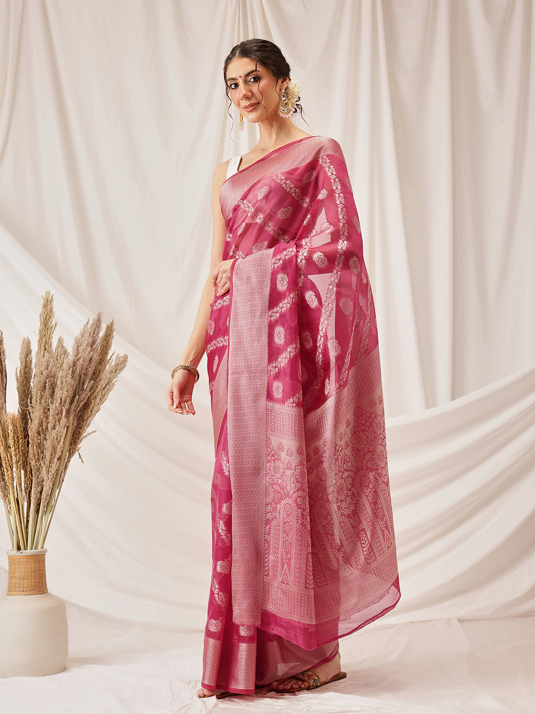 Hiral Fashion Pink Banarasi Organza Silk Lahariya Woven Design Saree | Swadesiicart