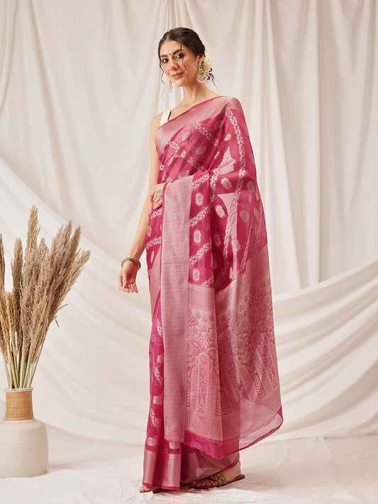 Hiral Fashion Pink Banarasi Organza Silk Lahariya Woven Design Saree | Swadesiicart