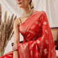 Hiral Fashion Red Banarasi Organza Silk Lahariya Woven Design Saree | Swadesiicart