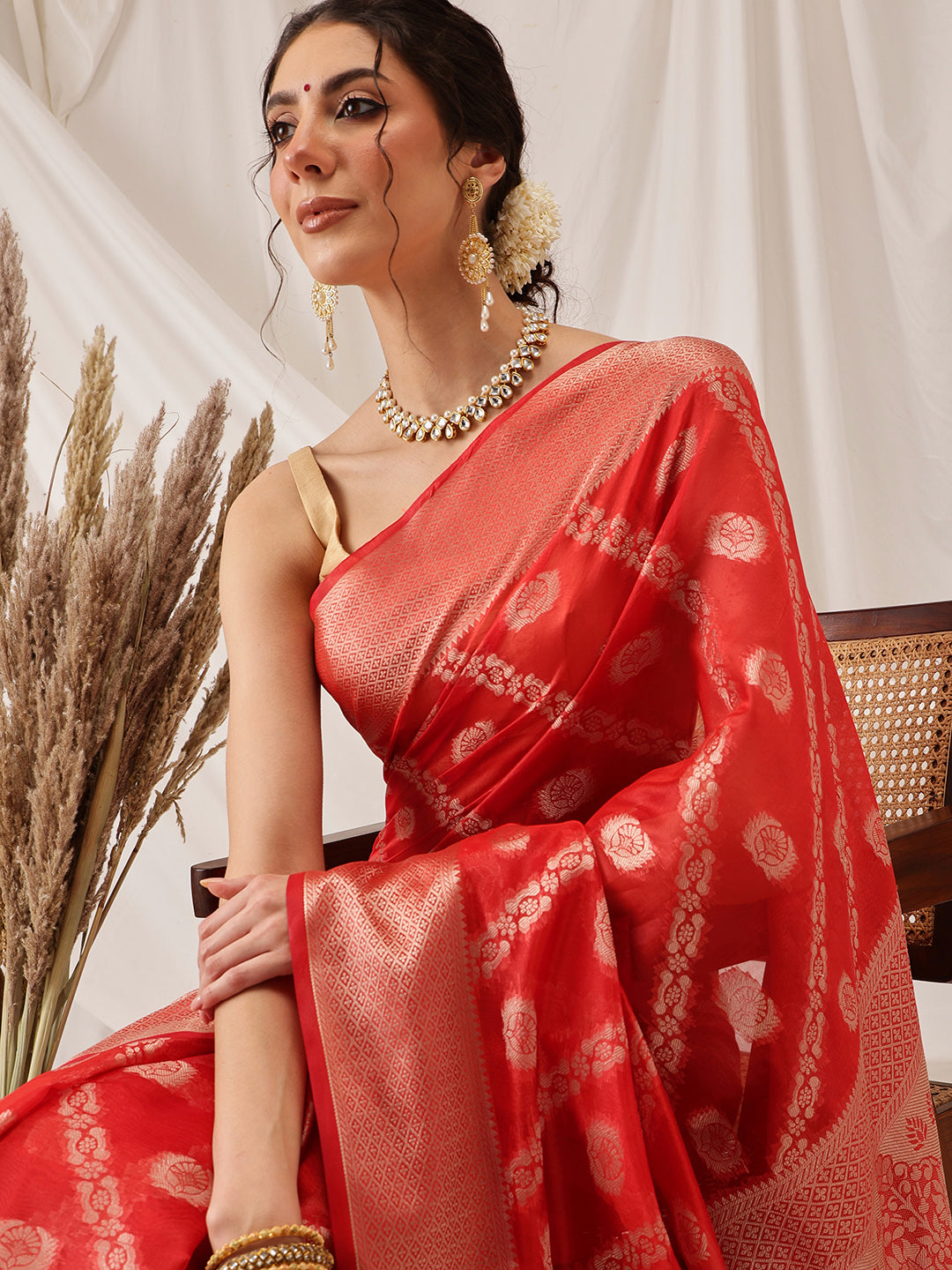 Hiral Fashion Red Banarasi Organza Silk Lahariya Woven Design Saree | Swadesiicart