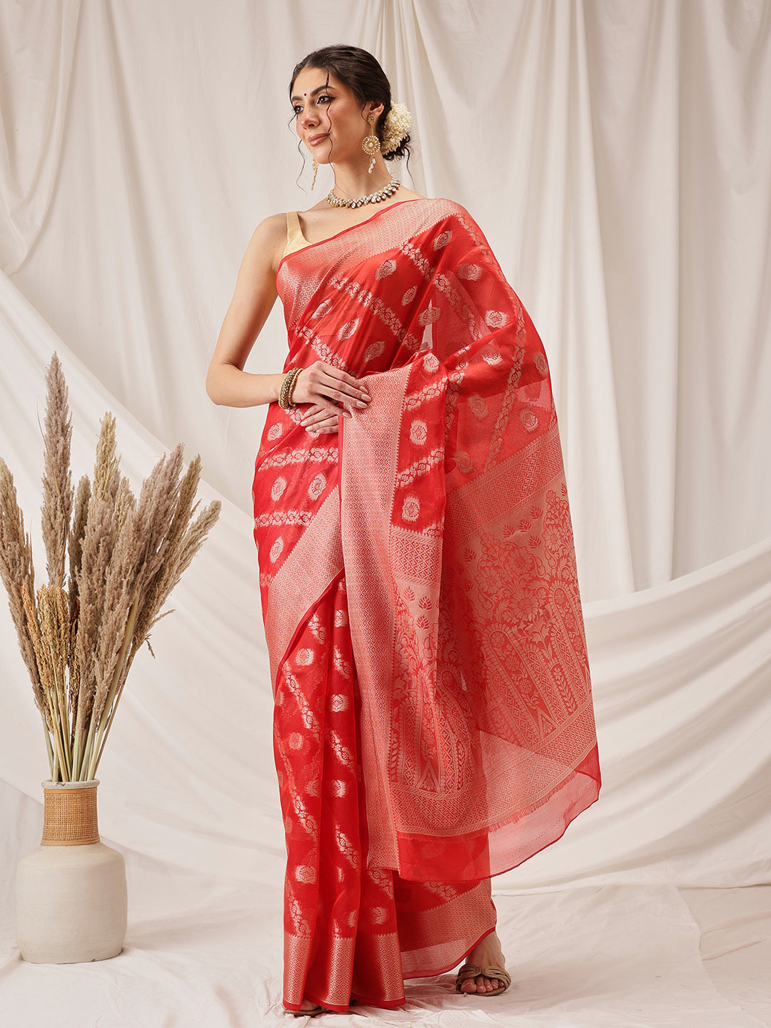 Hiral Fashion Red Banarasi Organza Silk Lahariya Woven Design Saree | Swadesiicart