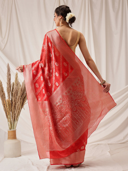 Hiral Fashion Red Banarasi Organza Silk Lahariya Woven Design Saree | Swadesiicart