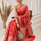 Hiral Fashion Red Banarasi Organza Silk Lahariya Woven Design Saree | Swadesiicart