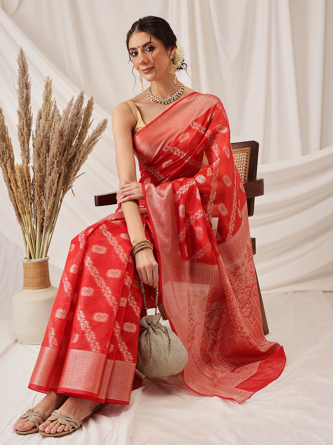 Hiral Fashion Red Banarasi Organza Silk Lahariya Woven Design Saree | Swadesiicart
