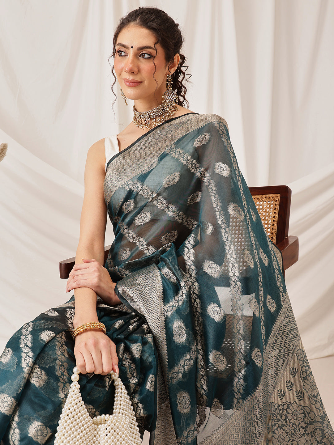 Hiral Fashion Teal Banarasi Organza Silk Lahariya Woven Design Saree | Swadesiicart