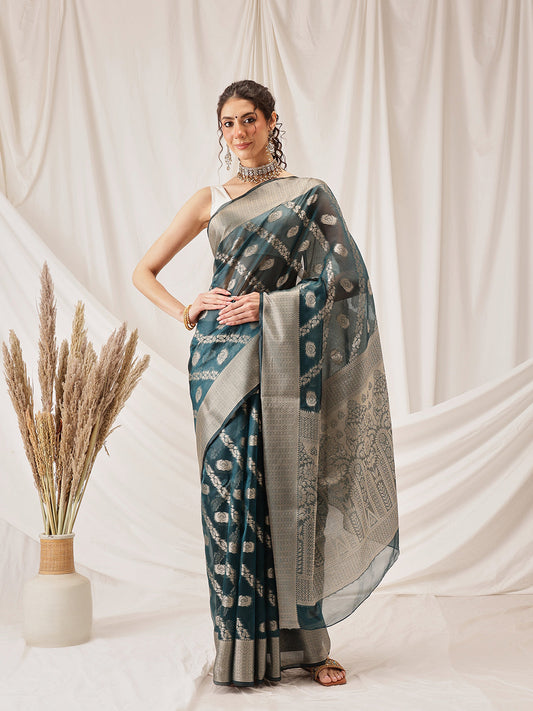 Hiral Fashion Teal Banarasi Organza Silk Lahariya Woven Design Saree | Swadesiicart