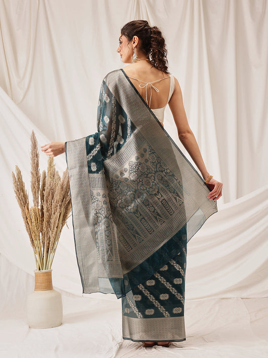 Hiral Fashion Teal Banarasi Organza Silk Lahariya Woven Design Saree | Swadesiicart
