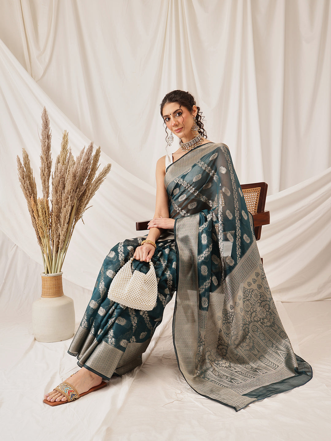 Hiral Fashion Teal Banarasi Organza Silk Lahariya Woven Design Saree | Swadesiicart