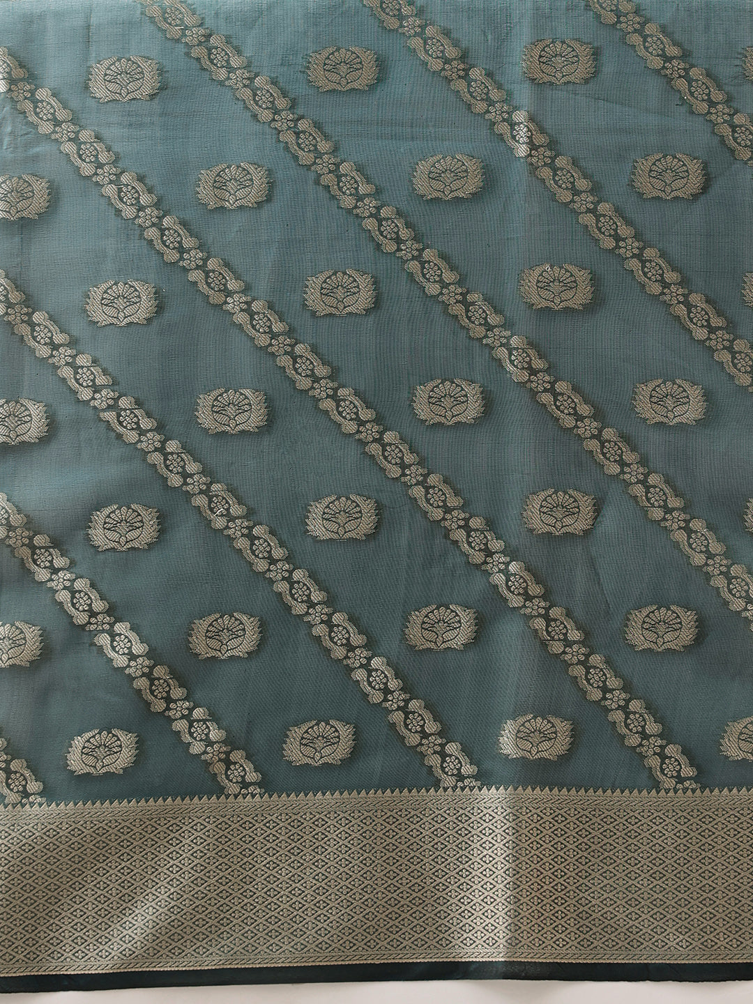 Hiral Fashion Teal Banarasi Organza Silk Lahariya Woven Design Saree | Swadesiicart