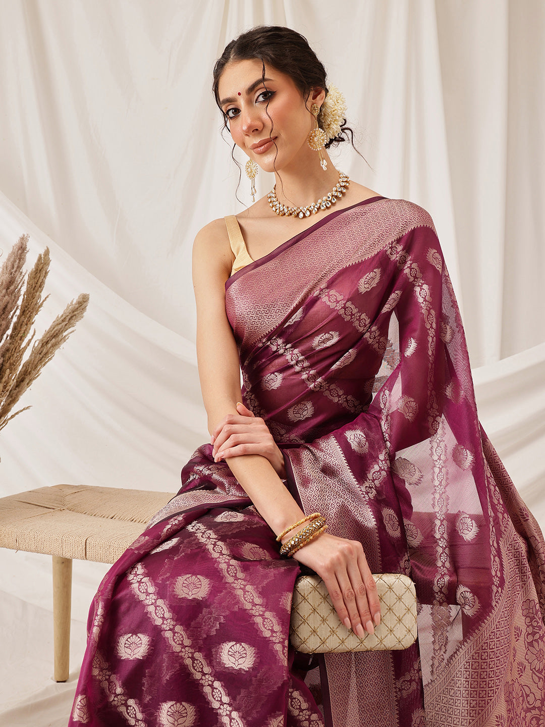 Hiral Fashion Purple Banarasi Organza Silk Lahariya Woven Design Saree | Swadesiicart