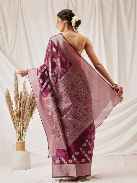 Hiral Fashion Purple Banarasi Organza Silk Lahariya Woven Design Saree | Swadesiicart