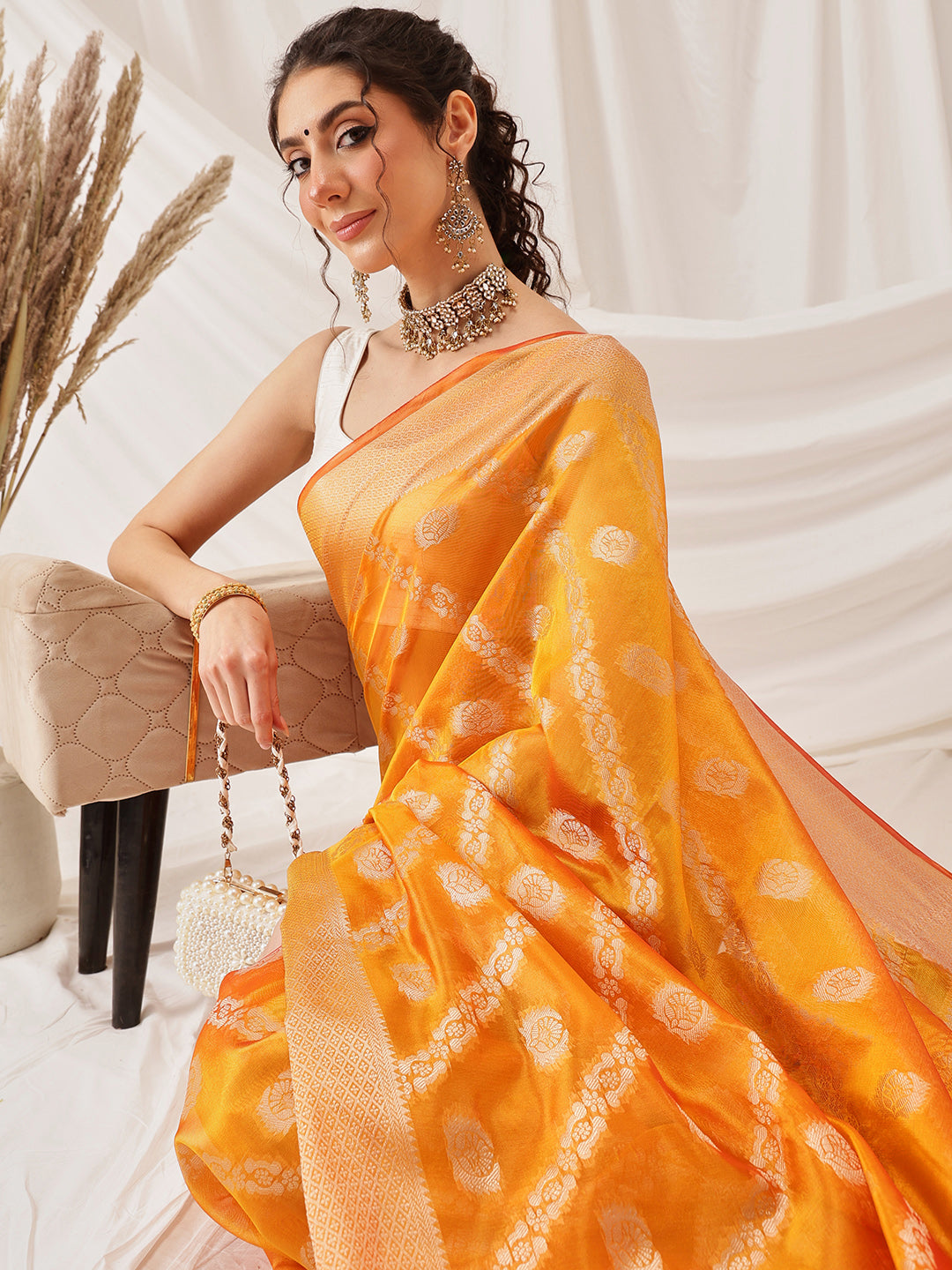 Hiral Fashion Yellow Banarasi Organza Silk Lahariya Woven Design Saree | Swadesiicart