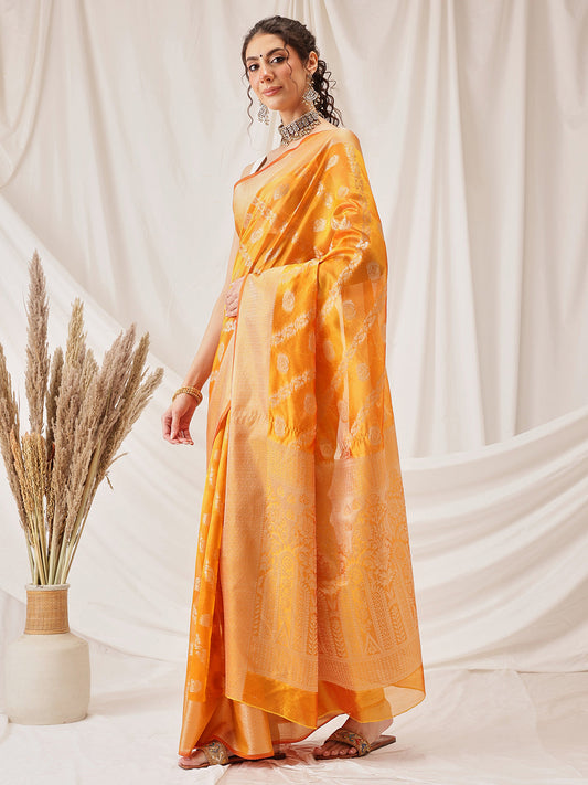 Hiral Fashion Yellow Banarasi Organza Silk Lahariya Woven Design Saree | Swadesiicart
