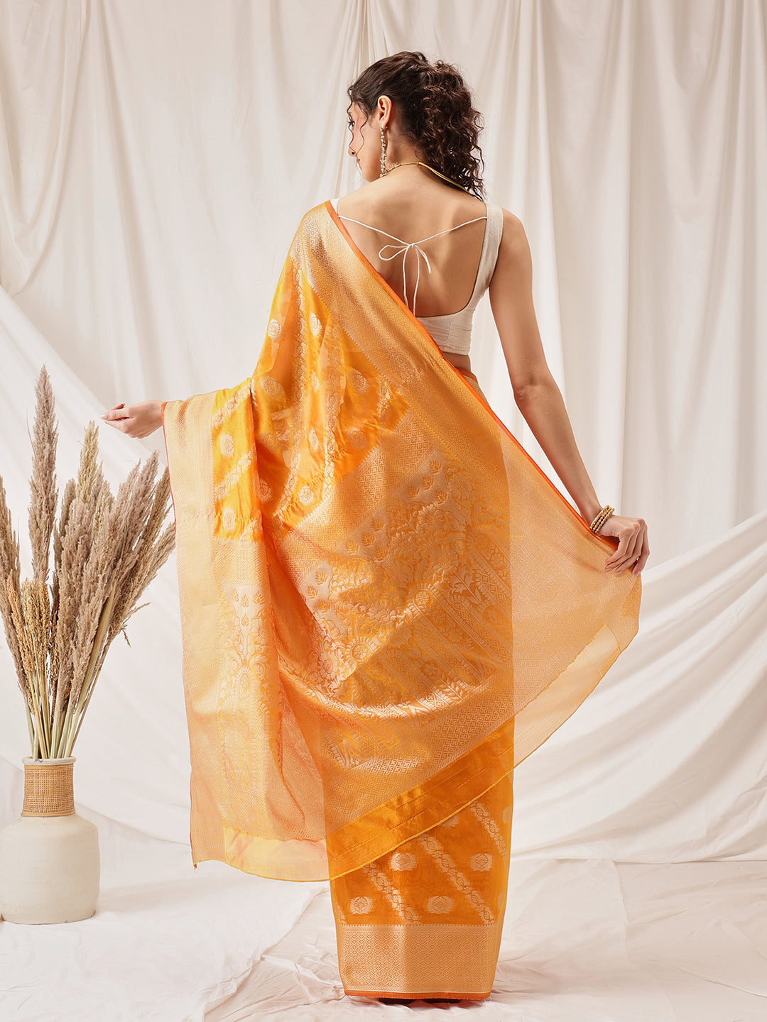 Hiral Fashion Yellow Banarasi Organza Silk Lahariya Woven Design Saree | Swadesiicart