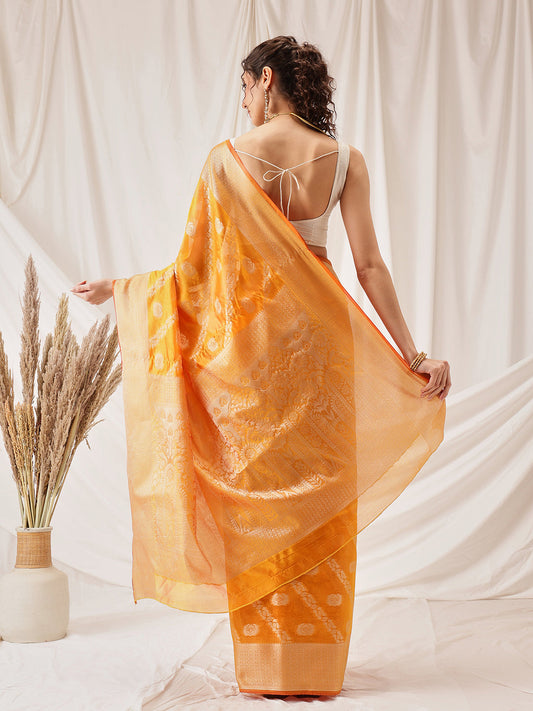 Hiral Fashion Yellow Banarasi Organza Silk Lahariya Woven Design Saree | Swadesiicart
