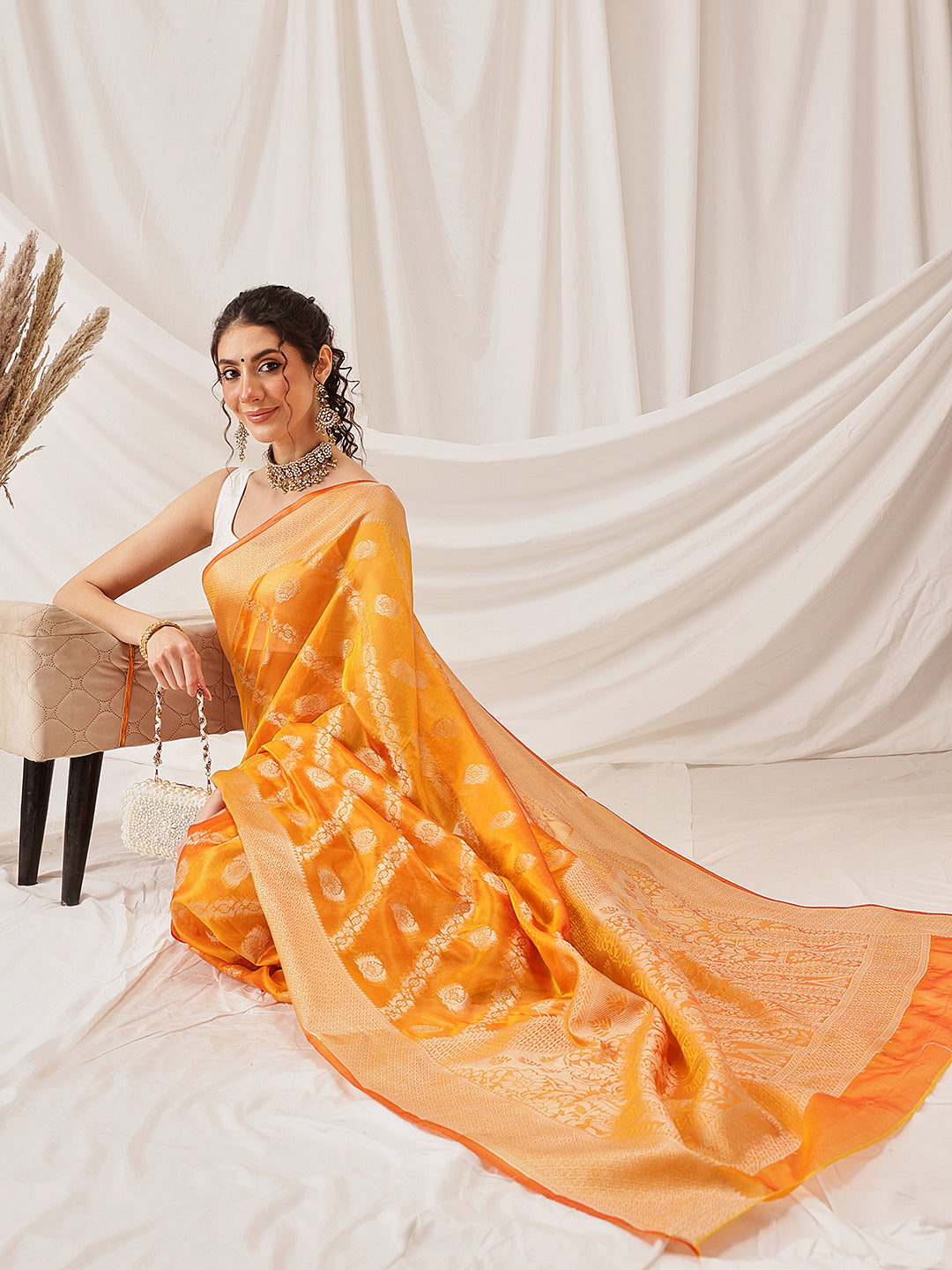 Hiral Fashion Yellow Banarasi Organza Silk Lahariya Woven Design Saree | Swadesiicart