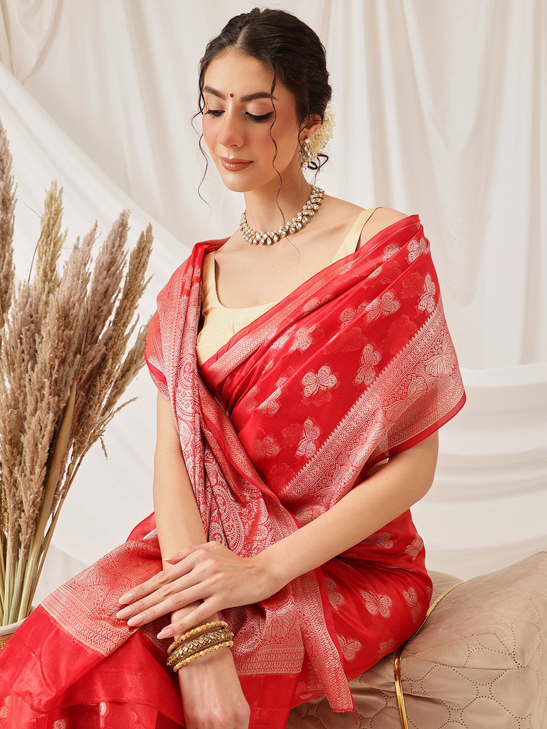 Hiral Fashion Red Banarasi Organza Silk Abstract Woven Design Saree | Swadesiicart