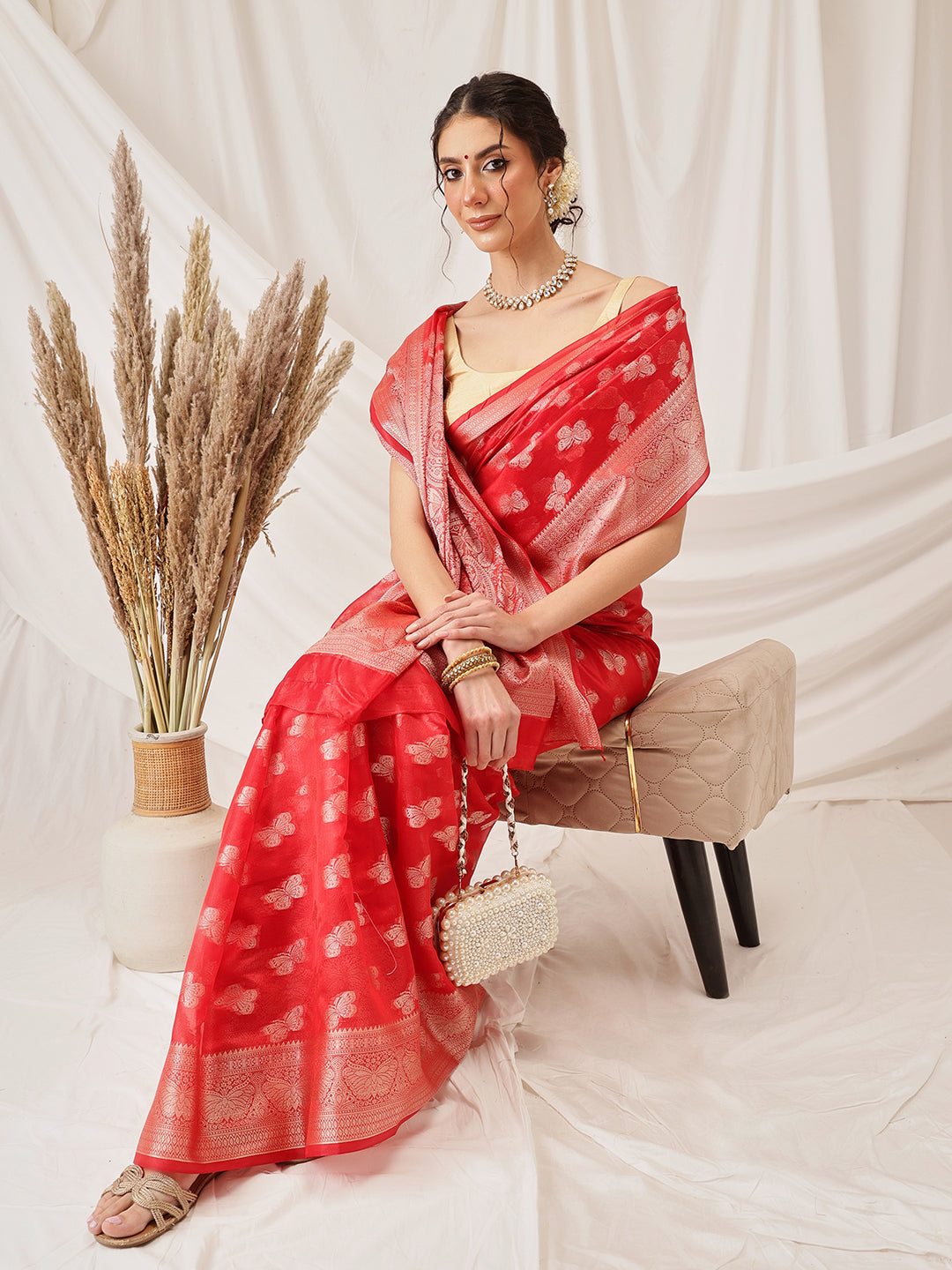 Hiral Fashion Red Banarasi Organza Silk Abstract Woven Design Saree | Swadesiicart
