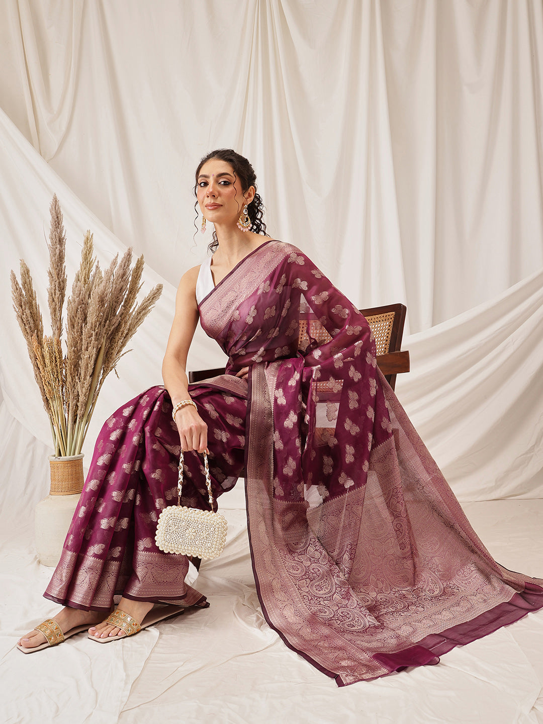 Hiral Fashion Purple Banarasi Organza Silk Abstract Woven Design Saree | Swadesiicart