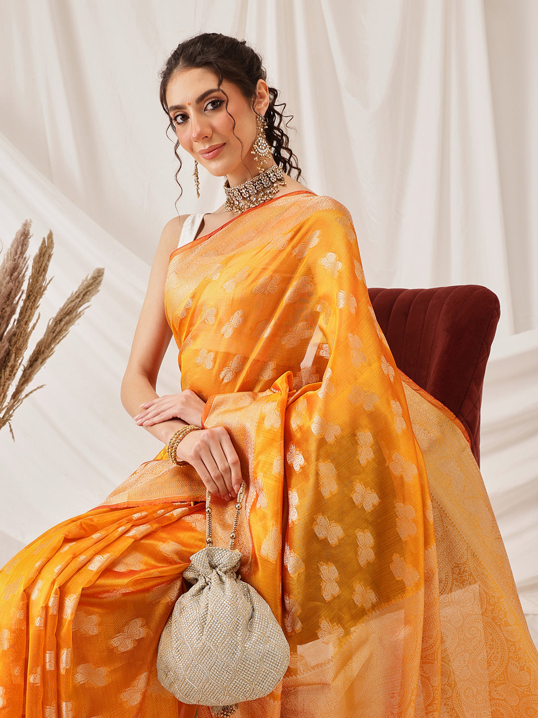 Hiral Fashion Yellow Banarasi Organza Silk Abstract Woven Design Saree | Swadesiicart