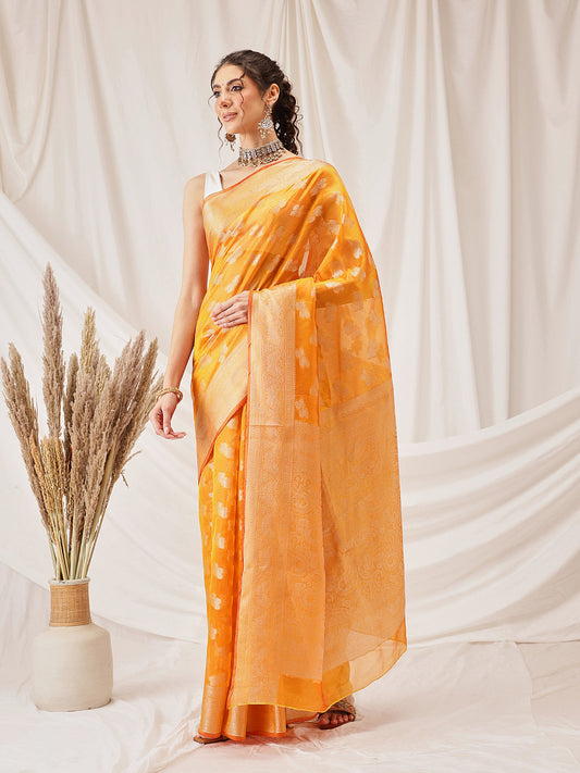 Hiral Fashion Yellow Banarasi Organza Silk Abstract Woven Design Saree | Swadesiicart