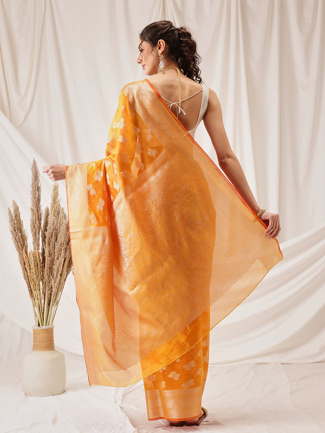 Hiral Fashion Yellow Banarasi Organza Silk Abstract Woven Design Saree | Swadesiicart